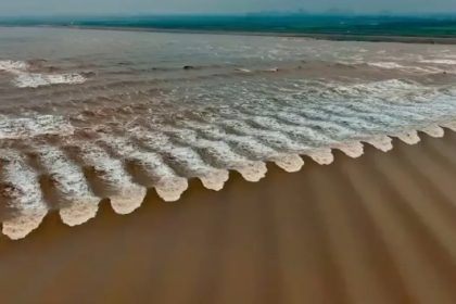 Những con sóng hình vảy cá xô vào bờ ở sông Tiền Đường. Ảnh: BNN