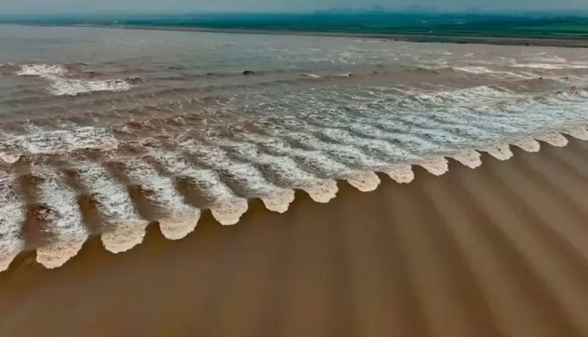 Những con sóng hình vảy cá xô vào bờ ở sông Tiền Đường. Ảnh: BNN