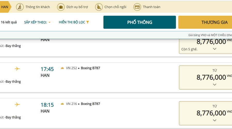 Giá vé TP HCM đi Hà Nội trong sáng 29/7. Ảnh chụp màn hình