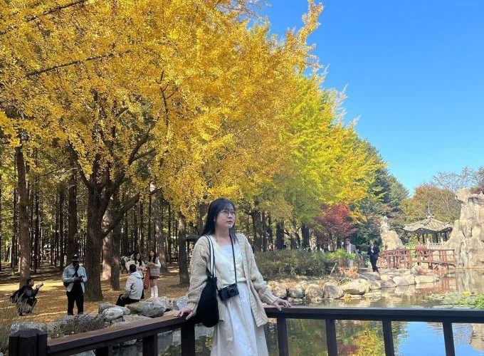 Thảo Nguyên chụp hình cùng rừng cây lá vàng ở đảo Nami vào cuối tháng 10 năm 2023. Ảnh: NVCC